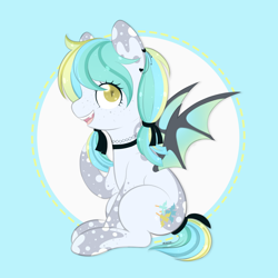 Size: 3000x3000 | Tagged: safe, artist:veincchi, derpibooru import, oc, oc only, bat, bat pony, pony, bow, choker, commission, commission open, cute, fangs, female, heart, heart eyes, mare, smiling, solo, wingding eyes