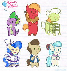 Size: 872x931 | Tagged: safe, artist:egophiliac, derpibooru import, big macintosh, coco pommel, doctor whooves, granny smith, sapphire shores, spike, dragon, earth pony, pony, bipedal, chibi, female, freckles, hat, hooves together, lined paper, male, mare, raised eyebrow, smiling, stallion, top hat, unshorn fetlocks, walker