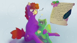 Size: 2560x1440 | Tagged: safe, artist:fuzzypones, derpibooru import, pony, boop, colored, duo, feather, festive, hearth's warming, male, message, mistletoe, scroll