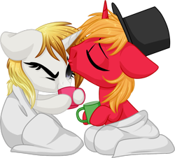 Size: 1024x926 | Tagged: safe, artist:kellythedrawinguni, derpibooru import, oc, oc:aegis lux, oc:dragon tongue, alicorn, pony, unicorn, alicorn oc, blanket, blonde mane, happy, hat, mug, shipping, smooch, top hat, transparent background, unicorn problems