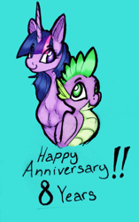 Size: 675x1072 | Tagged: safe, artist:pantheracantus, derpibooru import, spike, twilight sparkle, dragon, happy anniversary, happy birthday mlp:fim, mlp fim's eighth anniversary