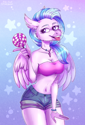 Size: 1306x1924 | Tagged: safe, artist:pur-fox stardust, derpibooru import, silverstream, anthro, belly button, breasts, busty silverstream, candy, clothes, commission, female, food, lollipop, midriff, older, sexy, shorts, simple background, solo, tongue out, tube top, ych result