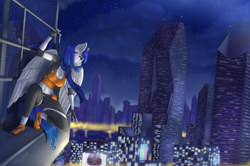 Size: 5000x3317 | Tagged: safe, artist:mintjuice, derpibooru import, oc, oc only, oc:frost winterblade, anthro, pegasus, anthro oc, city, cityscape, clothes, cloud, female, mare, night, parkour, runner, sitting, sky, skyscraper, solo, sporty style, stars, water, window, ych result