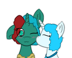 Size: 2700x2160 | Tagged: safe, artist:strella_, derpibooru import, oc, oc:mysty glimmer, oc:starmoon snowflake, 2 colors mane, amulet, blinking, blue mane, clothes, green eyes, jewelry, kiss on the cheek, kissing, looking at you