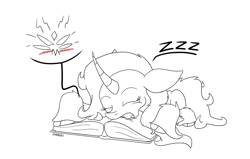 Size: 1450x925 | Tagged: safe, artist:azimuth, derpibooru import, fhtng th§ ¿nsp§kbl, oleander, them's fightin' herds, blush sticker, blushing, book, community related, fred, lineart, sleeping, solo, zzz