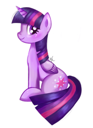 Size: 1024x1400 | Tagged: safe, artist:buru-misu, derpibooru import, twilight sparkle, twilight sparkle (alicorn), alicorn, pony, blushing, cutie mark, female, looking at you, mare, simple background, sitting, smiling, solo, transparent background