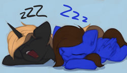 Size: 1634x943 | Tagged: safe, artist:marsminer, derpibooru import, oc, oc only, oc:tav, pegasus, pony, unicorn, blue background, duo, female, male, mare, open mouth, simple background, sleeping, stallion, zzz