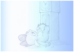 Size: 1042x737 | Tagged: safe, artist:sherwoodwhisper, derpibooru import, spike, dragon, clock, do you want to build a snowman, lying down, male, pencil drawing, solo, traditional art