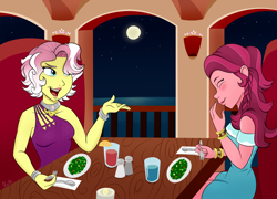 Size: 3000x2159 | Tagged: safe, artist:xethshade, derpibooru import, gloriosa daisy, vignette valencia, better together, equestria girls, bare shoulders, candle, crack shipping, drink, eyes closed, female, fire, food, full moon, glass, gloriette, lesbian, moon, night, one shoulder, open mouth, pepper shaker, plate, restaurant, salt shaker, shipping, sitting, stars, table