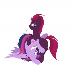 Size: 2396x2148 | Tagged: safe, artist:groomlake, derpibooru import, fizzlepop berrytwist, tempest shadow, twilight sparkle, twilight sparkle (alicorn), alicorn, pony, unicorn, colored, female, funny, hug, legs in air, lesbian, love, mare, misleading thumbnail, playing, shipping, simple background, tempestlight, upside down, white background