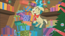 Size: 1354x758 | Tagged: safe, derpibooru import, screencap, alice the reindeer, best gift ever, boxes, discovery family logo, flying, levitation, magic, oops, present, solo, telekinesis