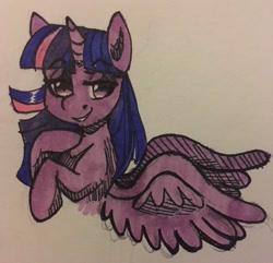 Size: 1280x1235 | Tagged: safe, artist:grayflower, derpibooru import, twilight sparkle, twilight sparkle (alicorn), alicorn, pony, lidded eyes, smiling, solo, traditional art