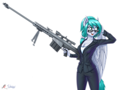 Size: 1200x868 | Tagged: safe, artist:skorpionletun, derpibooru import, oc, oc only, oc:sky fang, anthro, pegasus, anthro oc, anti-materiel rifle, barrett, barrett m82, clothes, female, glasses, gun, mare, military, no trigger discipline, rifle, signature, simple background, solo, suit, sunglasses, weapon, white background, ych result