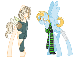 Size: 3232x2512 | Tagged: safe, artist:musicbetmlp, derpibooru import, oc, oc:skychaser, oc:thunder storm, pegasus, pony, brothers, clothes, duo, half-siblings, hoodie, interdimensional siblings, male, offspring, parent:dumbbell, parent:flash sentry, parent:lightning dust, parents:flashdust, parents:lightningbell, scarf, simple background, white background