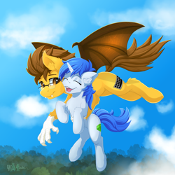 Size: 3000x3000 | Tagged: safe, artist:wildviolet-m, derpibooru import, oc, oc:crystal smith, oc:keystroke, bat pony, hybrid, pony, bat pony oc, crystroke, fangs, flying, glasses, holding a pony, laughing, sky