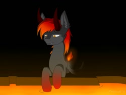 Size: 1024x768 | Tagged: safe, artist:goofnoo, derpibooru import, oc, oc:ash, demon pony, lava, prone, solo