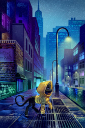 Size: 1378x2067 | Tagged: safe, artist:holivi, derpibooru import, pony, building, city, clothes, jacket, leonine tail, rain, skyscraper, solo, streetlight, unknown pony