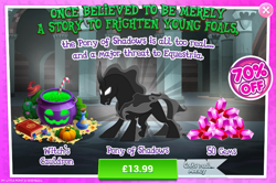 Size: 797x528 | Tagged: safe, derpibooru import, screencap, pony of shadows, alicorn, pony, shadow play, adoracreepy, advertisement, cauldron, costs real money, crack is cheaper, creepy, cute, first male alicorn, gameloft, gem, male, official, sale, shadorable, shadow pony, stallion, standing