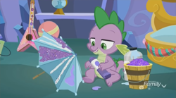 Size: 1350x752 | Tagged: safe, derpibooru import, screencap, spike, dragon, best gift ever, arts and crafts, ball, bucket, discovery family logo, glitter, globe, glue, guitar, jar, solo, umbrella, winged spike