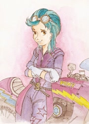 Size: 725x1009 | Tagged: safe, artist:daisymane, derpibooru import, indigo zap, equestria girls, friendship games, clothes, crossed arms, female, goggles, motorcross outfit, motorcycle, smiling, solo, traditional art