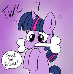 Size: 1077x1093 | Tagged: safe, artist:tellywebcartoons, derpibooru import, twilight sparkle, unicorn twilight, pony, unicorn, 30 minute art challenge, behaving like a dog, bone, confusion, good girl, gradient background, mouth hold, question mark, speech