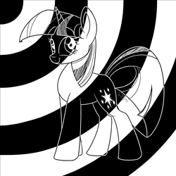 Size: 2000x2000 | Tagged: safe, artist:binkyt11, derpibooru exclusive, derpibooru import, twilight sparkle, unicorn twilight, pony, unicorn, black and white, bullseye, cardboard twilight, daredevil, eyestrain warning, female, grayscale, mare, monochrome, solo, swirl