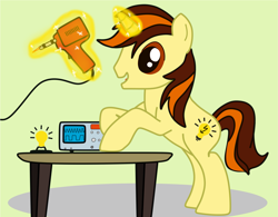 Size: 4133x3232 | Tagged: safe, artist:light bulb, derpibooru import, oc, oc only, oc:lightbulb, pony, unicorn, brown eyes, brown hair, electronics, first picture, green background, lightbulb, male, oscilloscope, simple background, soldering iron, solo, stallion, table, two colour hair, yellow