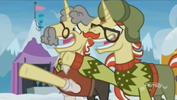 Size: 1348x758 | Tagged: safe, derpibooru import, screencap, flam, flim, best gift ever, clothes, discovery family logo, disguise, duo, fake moustache, fake smile, flim flam brothers, glasses, grin, nervous, nervous grin, paper-thin disguise, raised hoof, smiling, sweater, wig