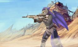 Size: 4432x2686 | Tagged: safe, artist:rublegun, derpibooru import, oc, oc only, oc:helios aster, anthro, bat pony, bat pony oc, borderlands, commission, crossover, gun, solo, video game, weapon, ych result