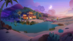 Size: 1920x1080 | Tagged: safe, derpibooru import, screencap, road to friendship, bridge, cactus, coconut tree, crescent moon, forest, get on inn, inn, lantern, moon, night, oasis, palm tree, prickly pear, river, saddle arabia, scenery, tree, twilight (astronomy)