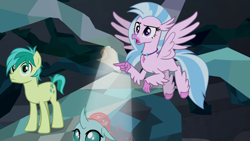 Size: 1280x720 | Tagged: safe, derpibooru import, screencap, ocellus, sandbar, silverstream, classical hippogriff, earth pony, hippogriff, pony, what lies beneath, female, male, wings