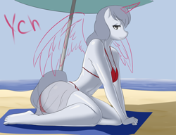 Size: 1280x981 | Tagged: safe, artist:crocodilchik, derpibooru import, oc, oc only, anthro, advertisement, anthro oc, auction, beach, belly button, bikini, breasts, clothes, commission, digital art, female, mare, solo, swimsuit, umbrella, underwear, ych example, your character here