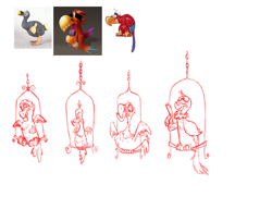 Size: 1000x769 | Tagged: safe, derpibooru import, philomena, bird, dodo, parrot, phoenix, pony, aladdin, comparison, concept art, female, iago, perch, simple background, white background