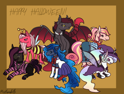 Size: 1786x1362 | Tagged: safe, artist:misskanabelle, derpibooru import, oc, oc only, oc:charmeuse culicivora, oc:morpheus, oc:nova nightshade, oc:sugar bee, oc:sundance, oc:violet vivanite, bat pony, changepony, earth pony, hybrid, pegasus, pony, undead, unicorn, vampire, vampony, animal costume, bat pony oc, bee costume, clothes, costume, cowboy, female, halloween, halloween costume, happy halloween, hat, holiday, interspecies offspring, magical lesbian spawn, male, mare, offspring, parent:big macintosh, parent:fluttershy, parent:king sombra, parent:maud pie, parent:mud briar, parent:princess celestia, parent:princess luna, parent:queen chrysalis, parents:chryslestia, parents:fluttermac, parents:lumbra, parents:maudbriar, sailor moon, signature, stallion, witch, witch hat