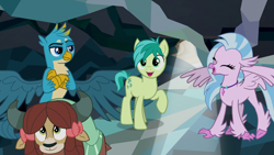 Size: 1280x720 | Tagged: safe, derpibooru import, screencap, gallus, ocellus, sandbar, silverstream, smolder, yona, classical hippogriff, earth pony, hippogriff, pony, yak, what lies beneath, female, male, student six, wings