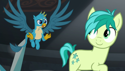 Size: 1280x720 | Tagged: safe, derpibooru import, screencap, gallus, sandbar, earth pony, griffon, pony, what lies beneath, claws, cutie mark, flying, male, paws, smiling, wings