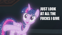 Size: 1280x720 | Tagged: safe, derpibooru import, edit, edited screencap, screencap, what lies beneath, image macro, look at all the fucks i give, meme, tree of harmony, treelight sparkle, underhoof, vulgar