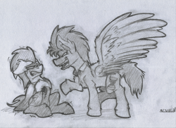 Size: 3439x2500 | Tagged: safe, artist:adilord, derpibooru import, doctor whooves, pegasus, pony, bowtie, discord whooves, discorded whooves, domination, looking at each other, male, monochrome, necktie, simple background, sketch, stallion, traditional art, white background