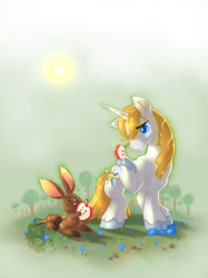 Size: 1024x1366 | Tagged: safe, artist:estefanoida, derpibooru import, prince blueblood, pony, rabbit, unicorn, apple, flower, food, tree