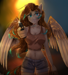 Size: 1350x1500 | Tagged: safe, artist:alicesmitt31, derpibooru import, oc, oc only, oc:amora bunny, anthro, pegasus, anthro oc, belly button, clothes, female, gun, looking at you, midriff, shirt, shorts, weapon