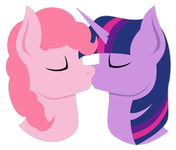 Size: 3000x2554 | Tagged: safe, artist:alltimemine, derpibooru import, pinkie pie, twilight sparkle, earth pony, pony, unicorn, bust, eyes closed, female, high res, horn, inkscape, kissing, lesbian, lineless, mare, pair, portrait, profile, shipping, simple background, smiling, transparent background, twinkie, vector