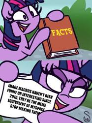 Size: 760x1015 | Tagged: safe, artist:quarium edits, derpibooru import, twilight sparkle, twilight sparkle (alicorn), alicorn, pony, book, ed edd n eddy, exploitable meme, facts, female, hypocritical humor, image macro, mare, meme, op is a cuck, solo, text, twilight's fact book