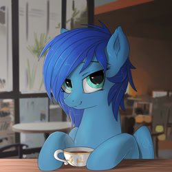 Size: 1000x1000 | Tagged: safe, artist:hardbrony, derpibooru import, oc, oc:lavender skies, pegasus, pony, cafe, counter, cup, drink, sitting, smiling, solo, table