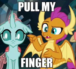 Size: 1014x930 | Tagged: safe, derpibooru import, edit, edited screencap, screencap, ocellus, smolder, changedling, changeling, dragon, what lies beneath, cropped, duo focus, fart joke, female, image macro, implied farting, meme, pull my finger