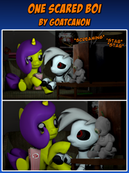 Size: 4000x5378 | Tagged: safe, artist:goatcanon, derpibooru import, oc, oc only, oc:lemontwist, oc:servo, pony, robot, robot pony, unicorn, 2 panel comic, 3d, comic, couple, food, halloween, holiday, movie, movie poster, popcorn, scared, shaun of the dead, source filmmaker, television