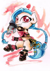 Size: 2399x3437 | Tagged: safe, artist:mashiromiku, derpibooru import, pony, braid, jinx (league of legends), league of legends, ponified, solo, traditional art, watercolor painting