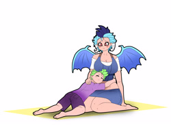 Size: 4011x2939 | Tagged: safe, artist:franschesco, derpibooru import, princess ember, spike, human, barefoot, breasts, emberspike, eyes closed, feet, female, hug, humanized, male, princess embreast, shipping, sitting, straight, winged humanization, wings