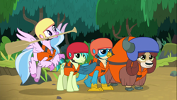 Size: 1366x768 | Tagged: safe, derpibooru import, screencap, gallus, sandbar, silverstream, yona, classical hippogriff, earth pony, griffon, hippogriff, pony, yak, non-compete clause, beak hold, cloven hooves, female, flying, helmet, lifejacket, male, monkey swings, oar, quartet, teenager