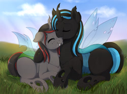 Size: 1280x948 | Tagged: safe, artist:evomanaphy, derpibooru import, oc, oc only, changeling, pony, blue changeling, changeling oc, cuddling, cute, duo, eyes closed, fangs, female, floppy ears, freckles, grass, lying down, prone, smiling