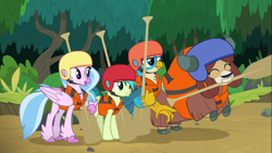 Size: 1366x768 | Tagged: safe, derpibooru import, screencap, gallus, sandbar, silverstream, yona, classical hippogriff, earth pony, griffon, hippogriff, pegasus, pony, yak, non-compete clause, cloven hooves, eyes closed, female, helmet, lifejacket, male, monkey swings, mouth hold, oar, quartet, rearing, teenager